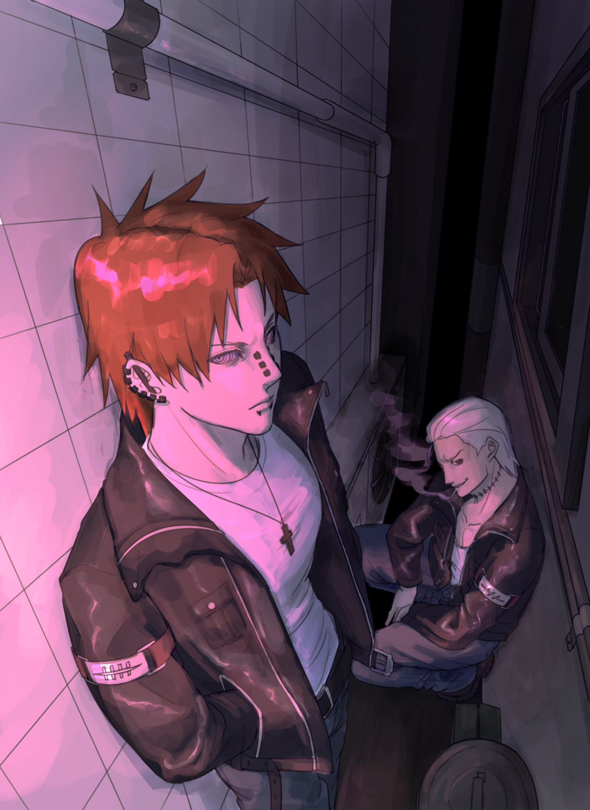 2boys, alternate_costume, alternate_universe, amegakure_symbol, armband, back_alley, black_jacket, cigarette