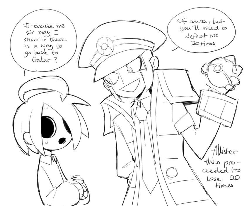 2boys, ahoge, allister_(pokemon), arm_behind_back, commentary, emmet_(pokemon), english_commentary, highres, holding, holding_poke_ball, lineart, looking_at_another, male_focus, mask, multiple_boys, poke_ball, pokemon, pokemon_black_and_white, pokemon_sword_and_shield, smile, subwaycrow