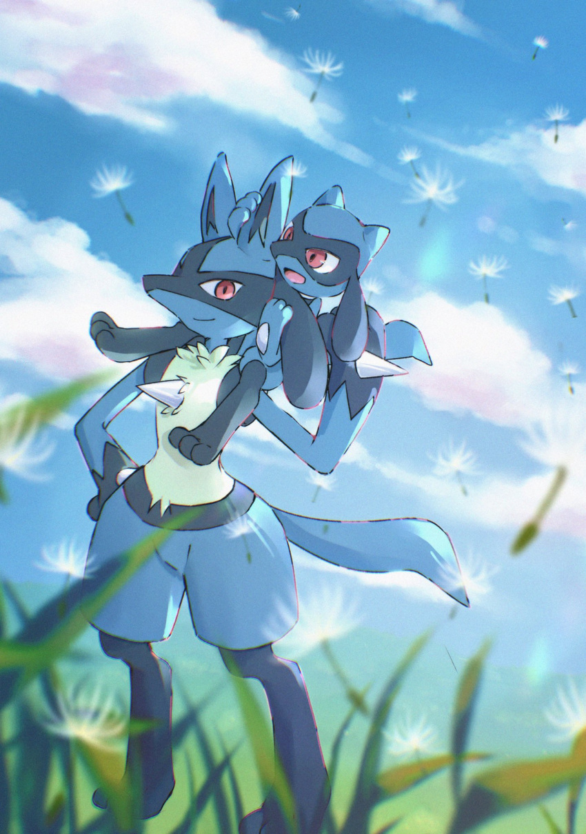black_fur, blue_fur, blue_sky, clouds, commentary_request, dandelion_seed, day, evolutionary_line