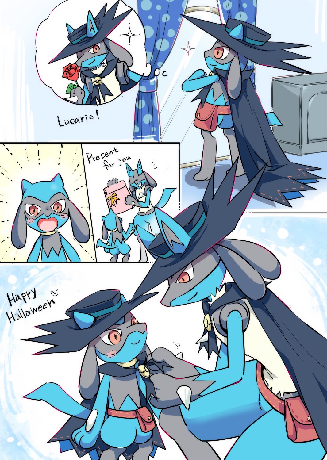 black_cape, black_fur, black_hat, blue_fur, cape, commentary_request, cosplay, english_text