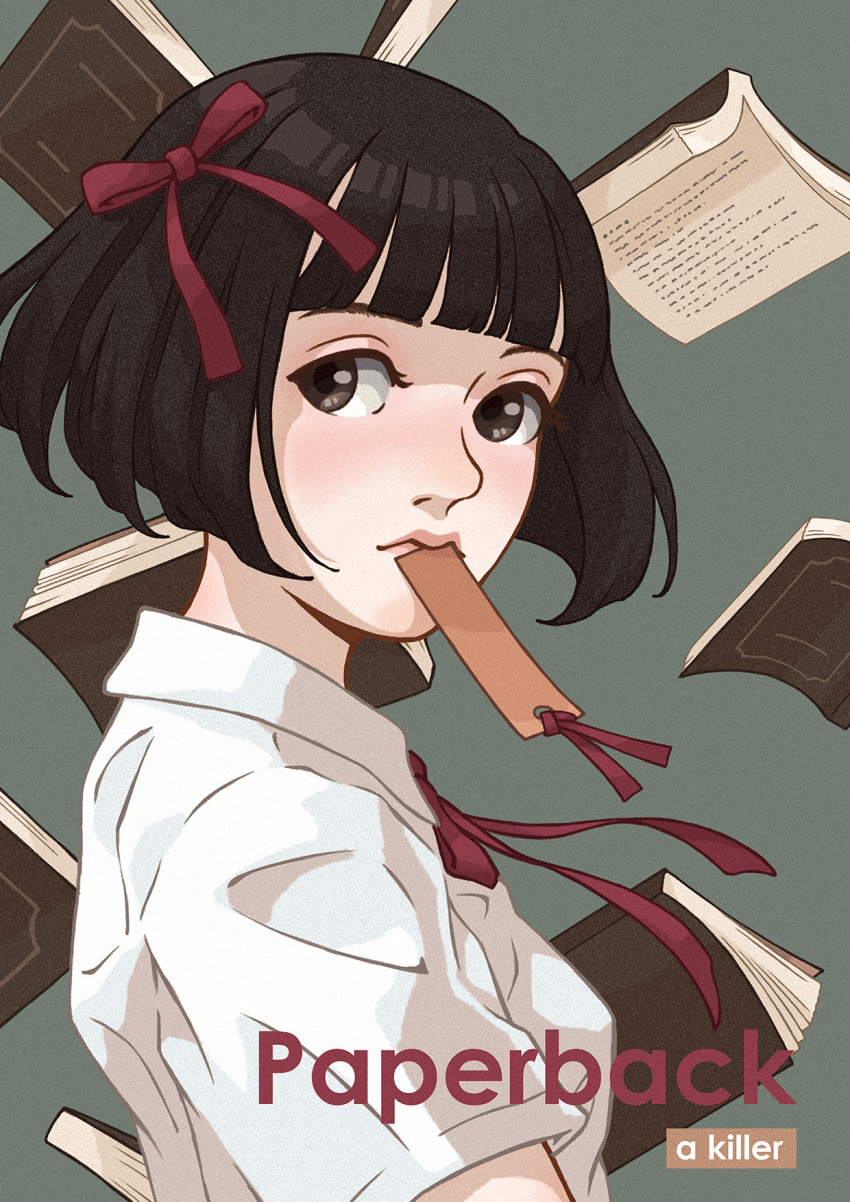 1girl, a_killer, artist_name, black_hair, blunt_bangs, book, bookmark, brown_eyes
