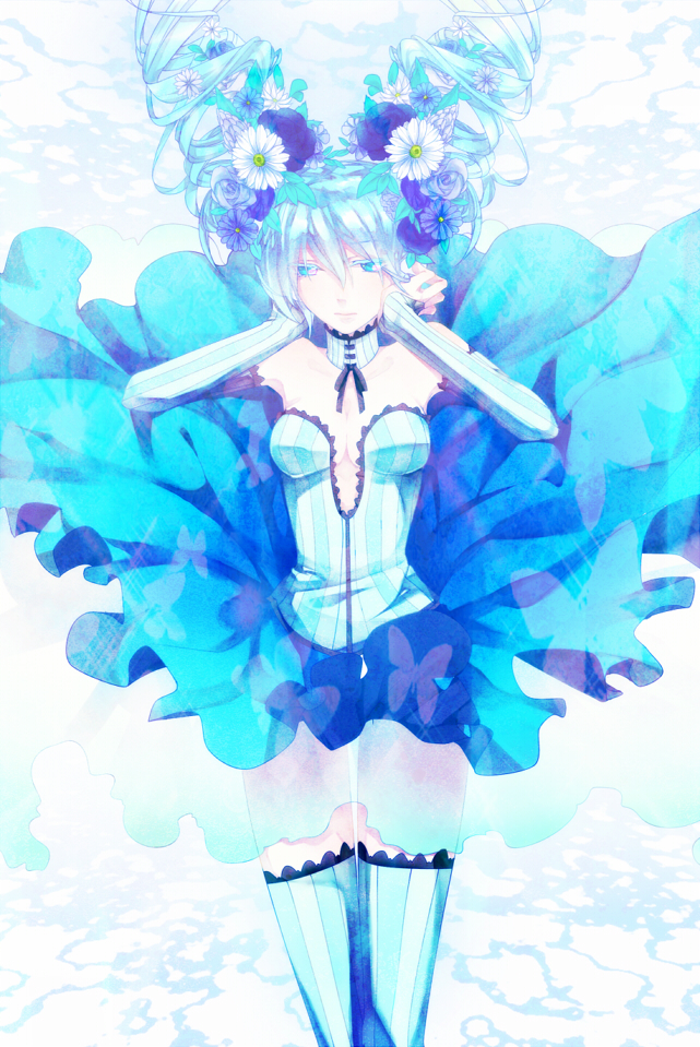 bad_id, blue_eyes, blue_hair, collar, elbow_gloves, floating_hair, flower, gloves