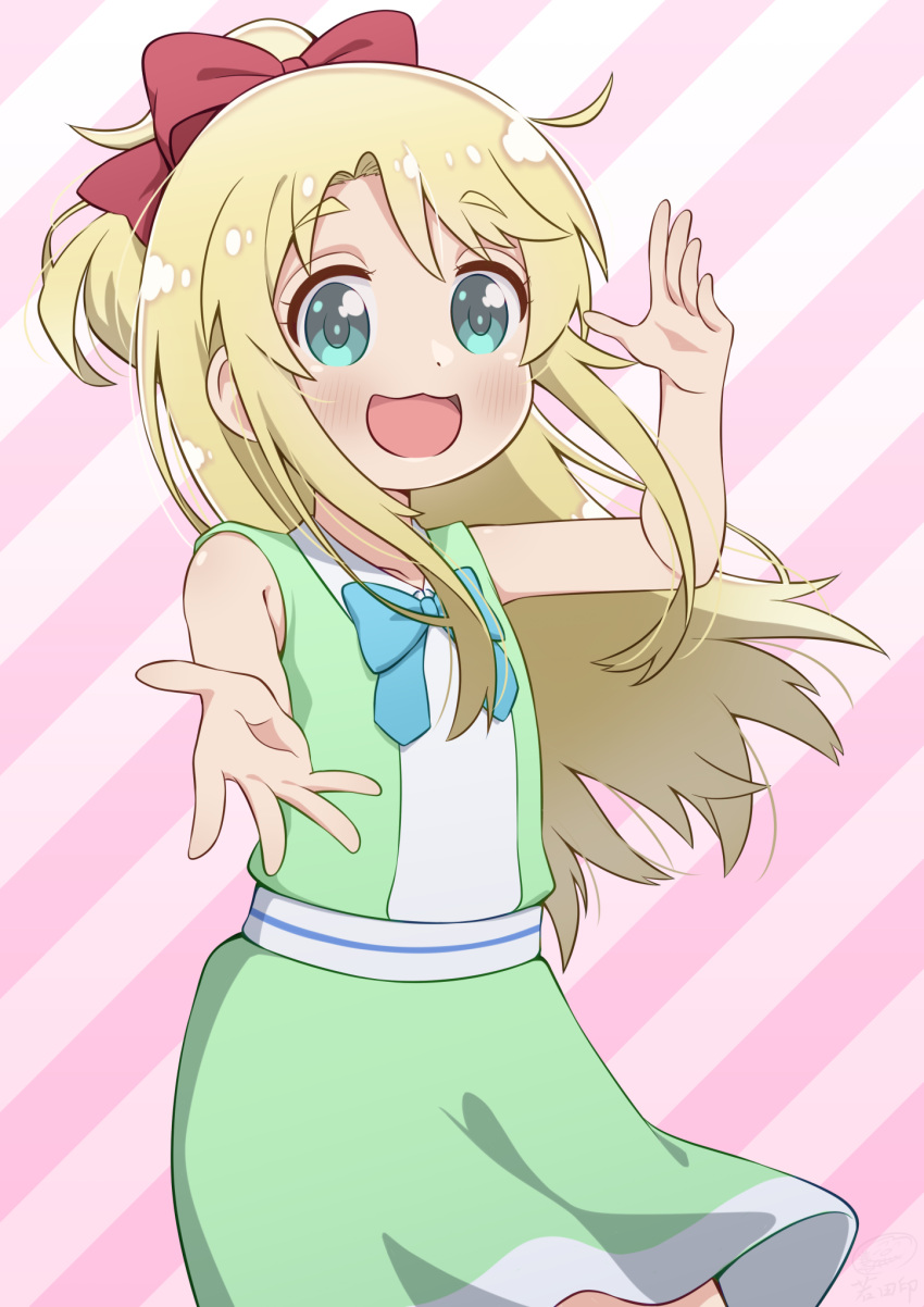 1girl, aqua_eyes, blonde_hair, blue_bow, blue_bowtie, blush, bow, bowtie