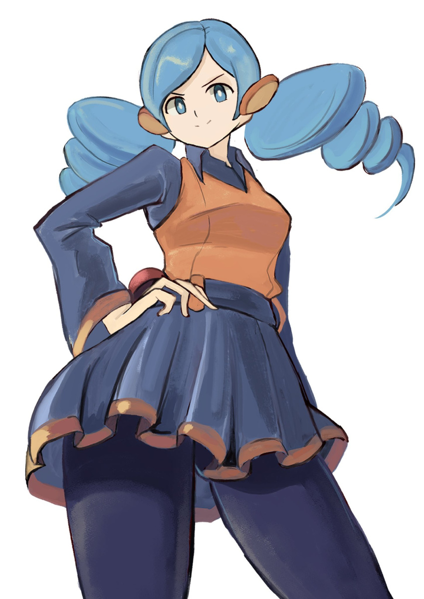1girl, ace_trainer_(female)_(pokemon_bw), ace_trainer_(pokemon), black_pantyhose, black_shirt, black_skirt, blue_eyes, blue_hair