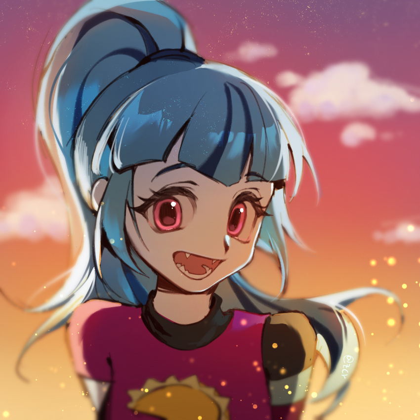 1girl, :d, arms_at_sides, backlighting, black_streaks, blue_hair, blurry, breasts