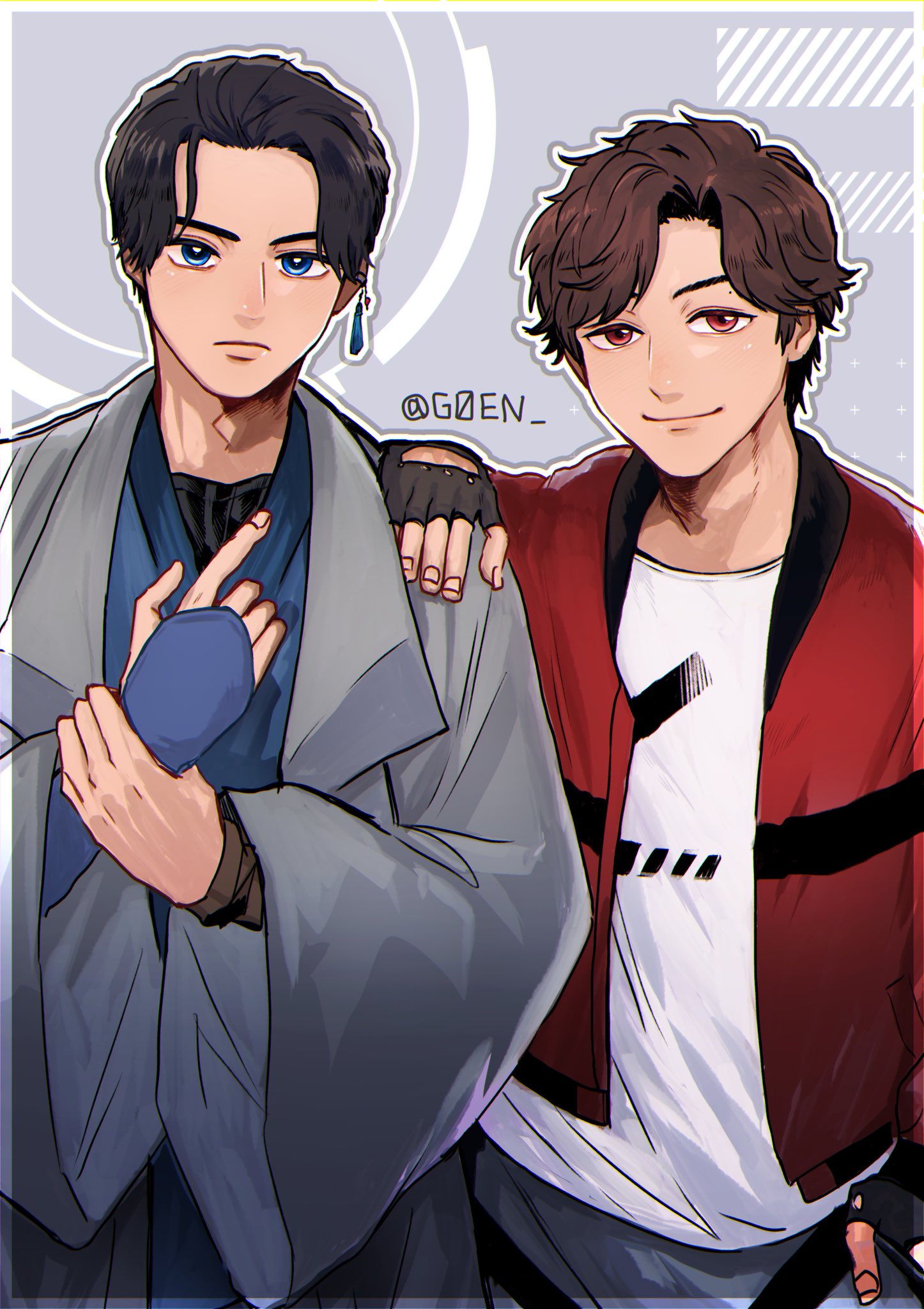 2boys, aikokuin_setsuna, asymmetrical_bangs, black_gloves, black_hair, blue_eyes, brown_hair, chou_uchuu_keiji_gavan_infinity