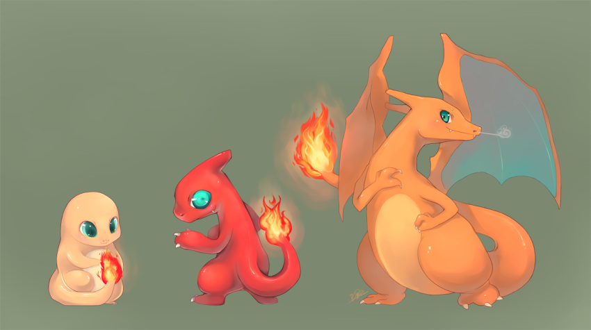 charizard, charmander, charmeleon, claws, closed_mouth, commentary, english_commentary, evolutionary_line, fang, fire, flame-tipped_tail, full_body, green_background, green_eyes, liea, no_humans, pokemon, pokemon_(creature), simple_background, steam_from_nose, tail