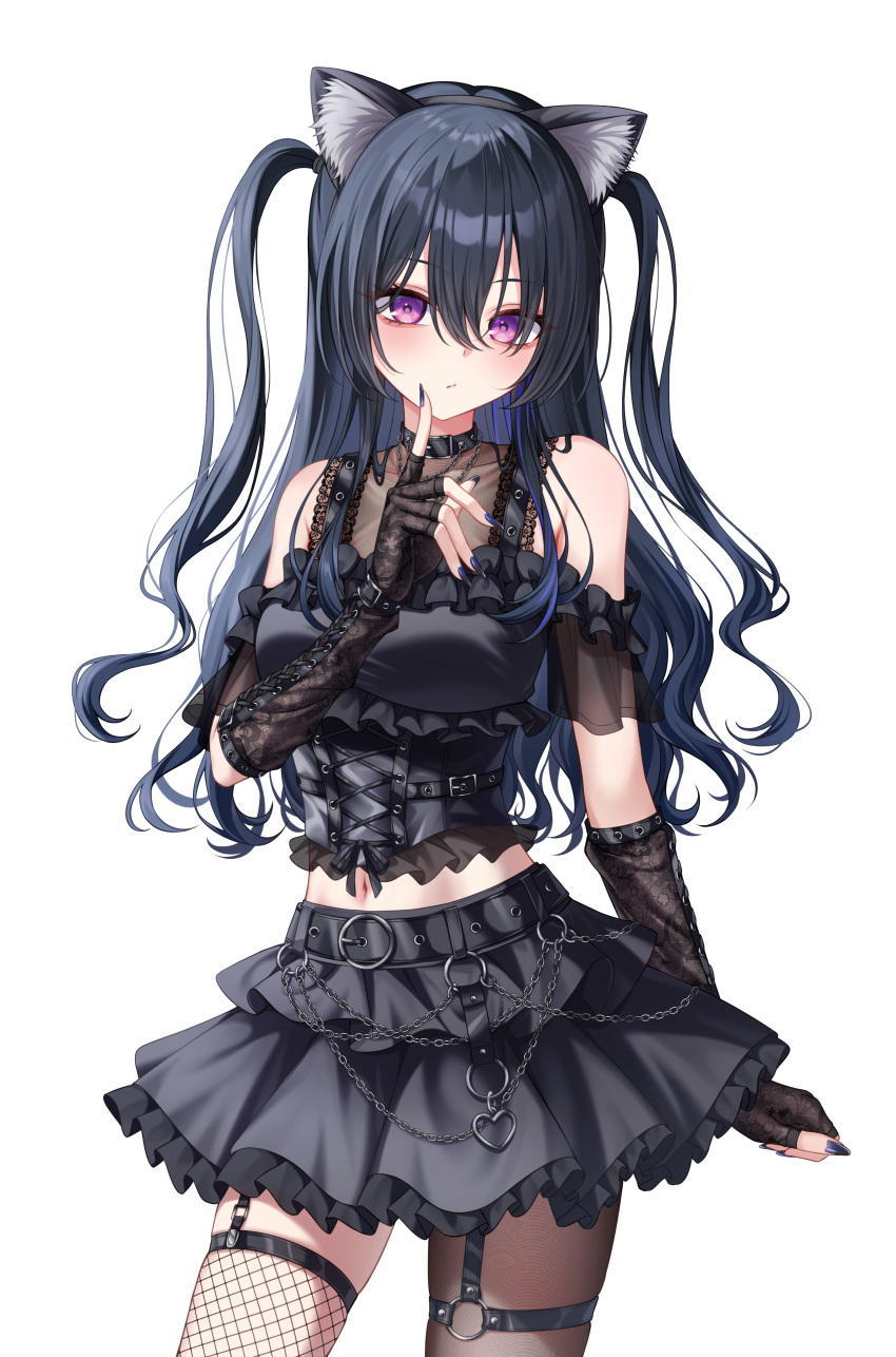 1girl, absurdres, animal_ears, asymmetrical_legwear, black_gloves, black_hair, black_skirt, black_thighhighs, blue_hair, blue_nails, blush, closed_mouth, commentary_request, cowboy_shot, elbow_gloves, fake_animal_ears, fingerless_gloves, fishnet_thighhighs, fishnets, frilled_skirt, frills, gloves, highres, ichinose_uruha, long_hair, looking_at_viewer, mismatched_legwear, multicolored_hair, navel, sasamisable, simple_background, skirt, solo, streaked_hair, thigh-highs, two-tone_hair, violet_eyes, virtual_youtuber, vspo!, white_background