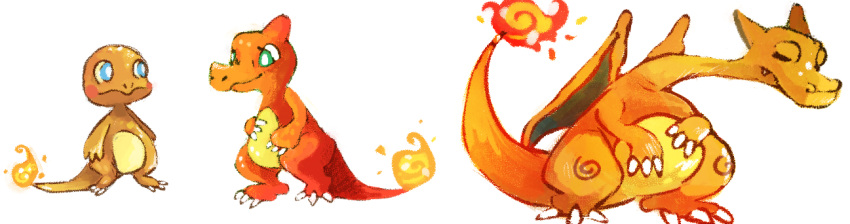 blue_eyes, bright_pupils, charizard, charmander, charmeleon, claws, closed_mouth, commentary
