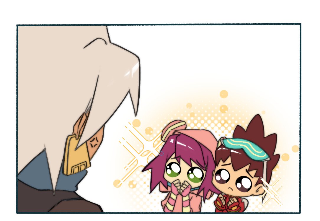 1girl, 2boys, anger_vein, border, brown_hair, chibi, clenched_hands, commentary