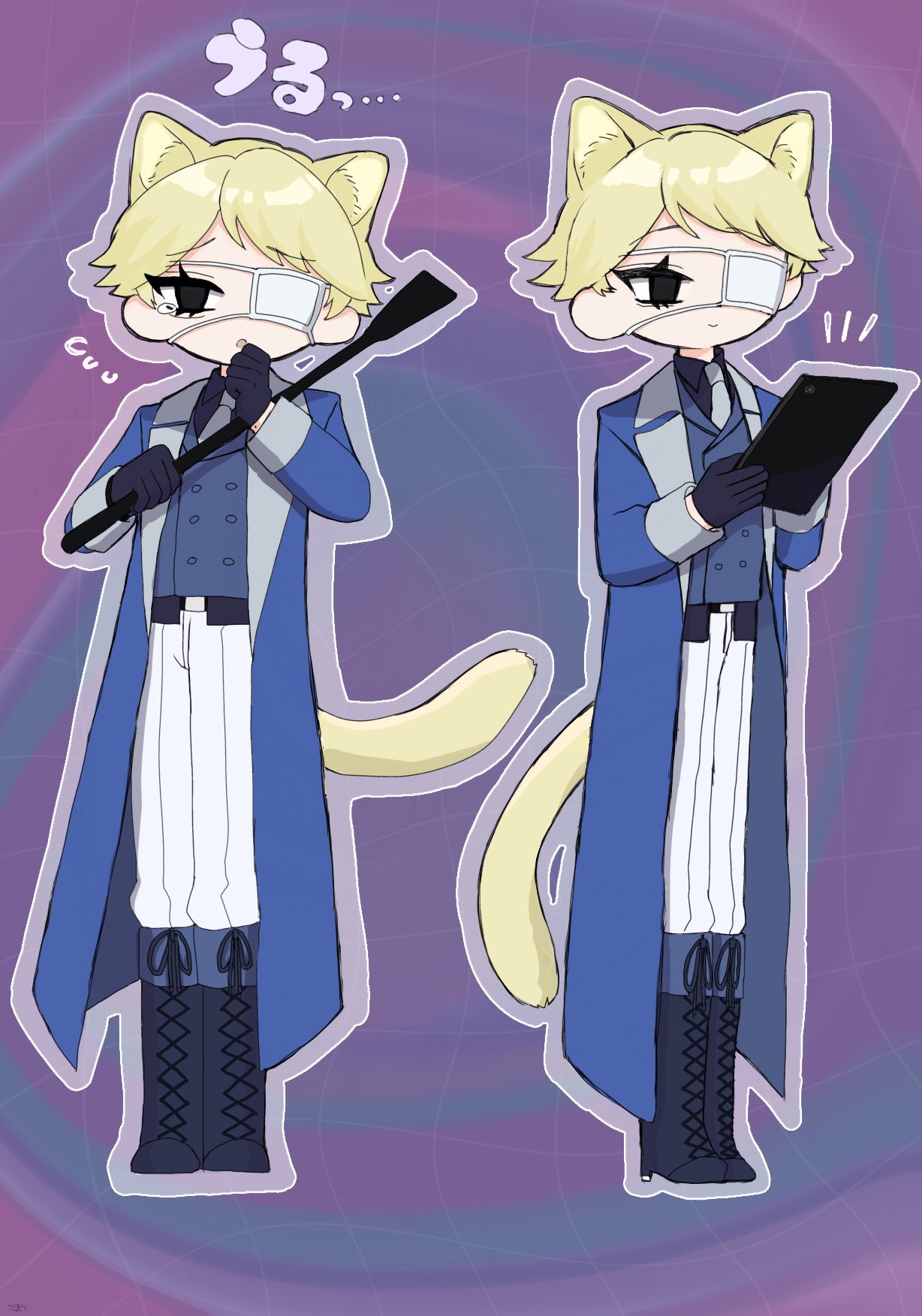 2boys, :o, animal_ears, black_eyes, black_gloves, blonde_hair, blue_coat, blue_vest