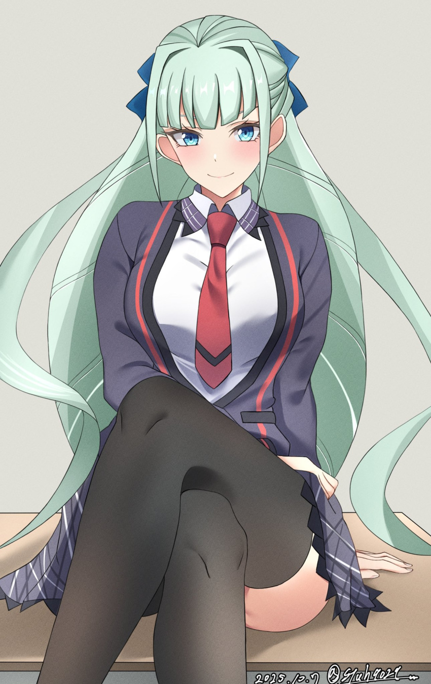 1girl, black_jacket, black_skirt, black_thighhighs, blue_eyes, blunt_bangs, breasts, closed_mouth