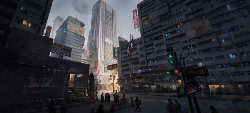 absurdres, billboard, building, cityscape, commission, day, graffiti, highres