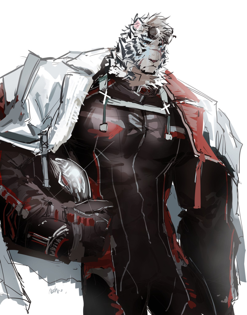 1boy, animal_ears, arknights, artist_name, ashu_monster, black_bodysuit, black_gloves, bodysuit