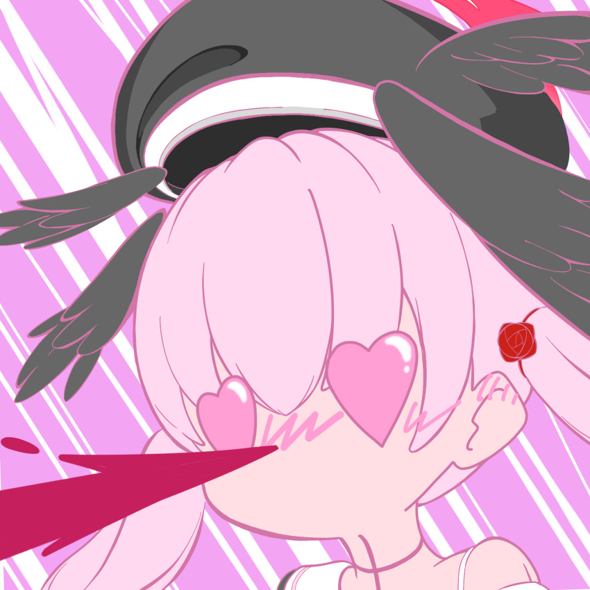 1girl, beret, black_hat, black_wings, blood, blue_archive, blush, commentary, derivative_work, ear_blush, excessive_nosebleed, feathered_wings, flat_color, hakuzou_(pixiv), hat, head_wings, heart, heart-shaped_eyes, highres, koharu_(blue_archive), low_twintails, no_mouth, nosebleed, pink_background, pink_hair, pixiv, portrait, single_off_shoulder, solo, twintails, wings, yukumo0927