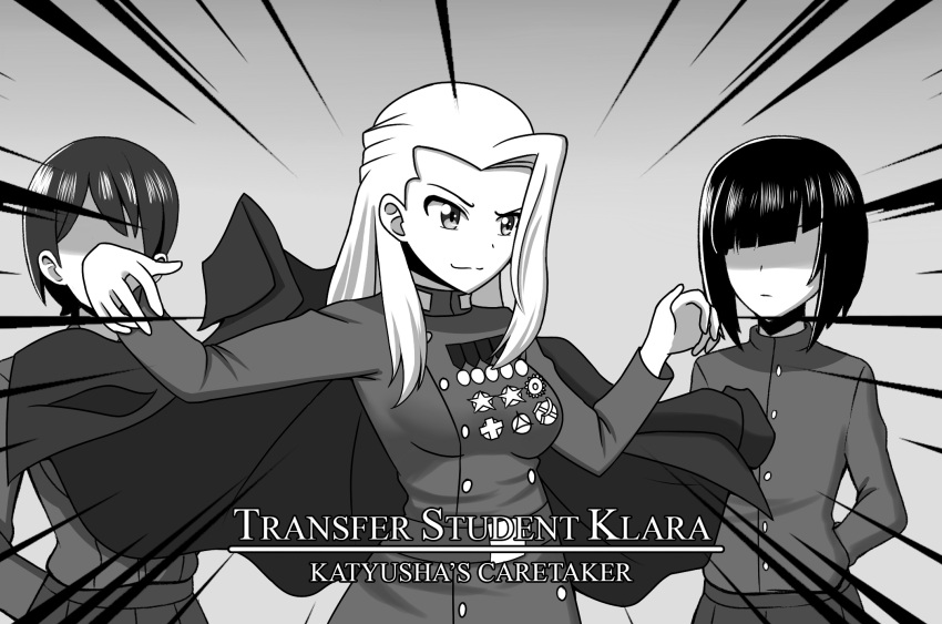 3girls, arms_up, belt, black_hair, clara_(girls_und_panzer), cosplay, english_text, georgy_zhukov