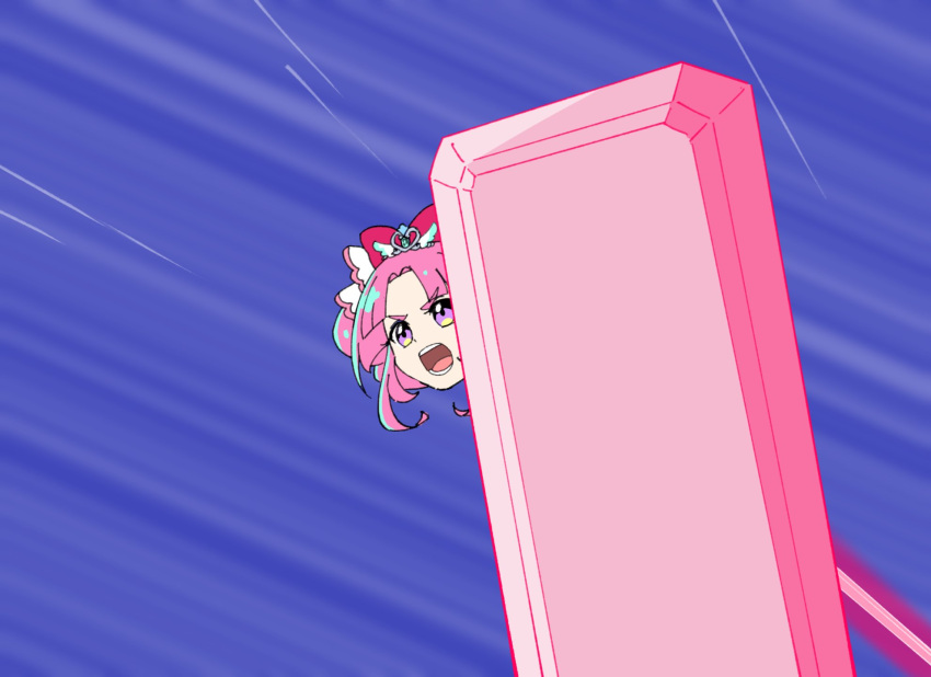 1girl, bow, cure_mystique, energy_barrier, gundam, hair_ornament, highres, holding