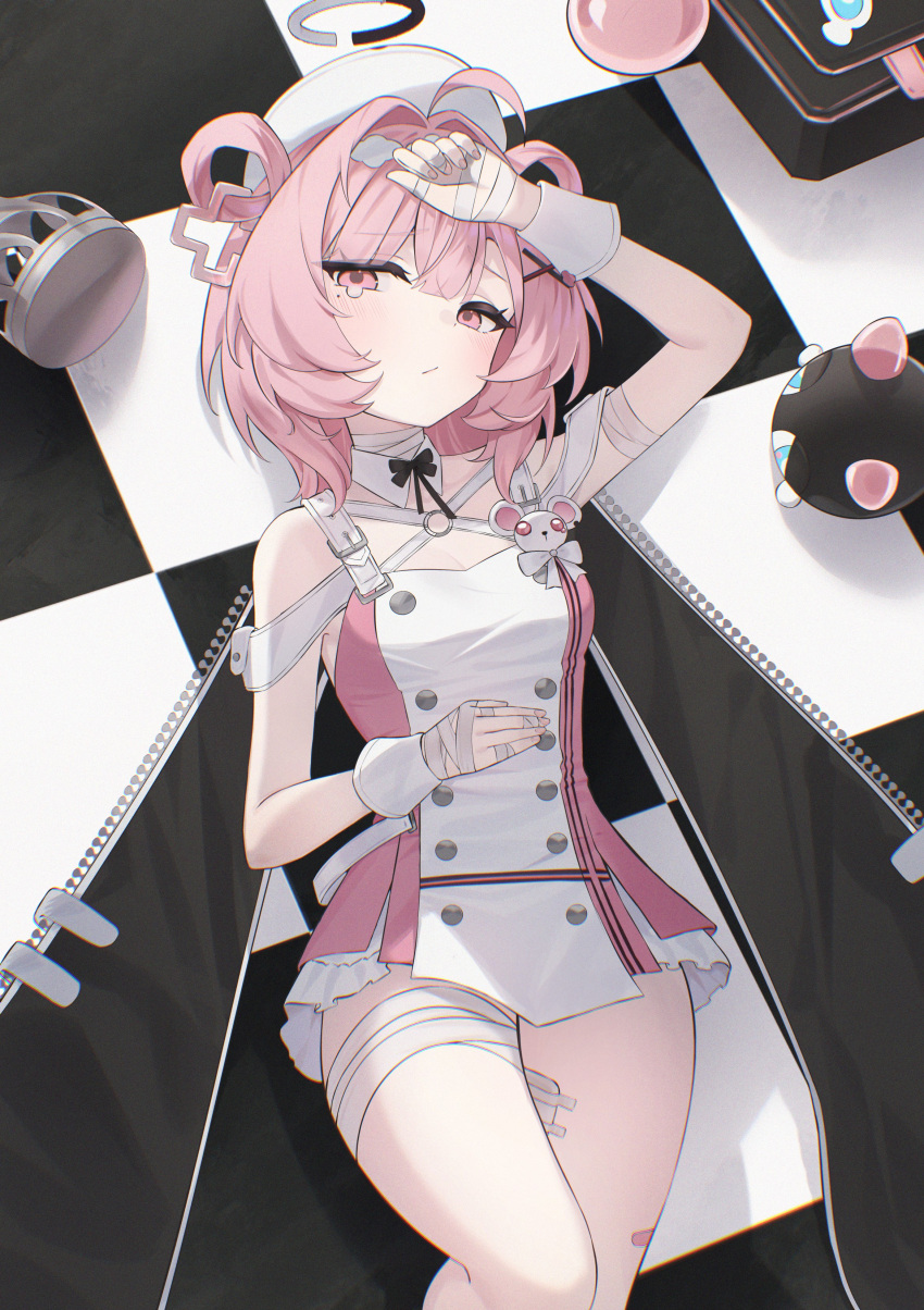 1girl, absurdres, bandaged_arm, bandaged_fingers, bandaged_leg, bandages, beret, blush