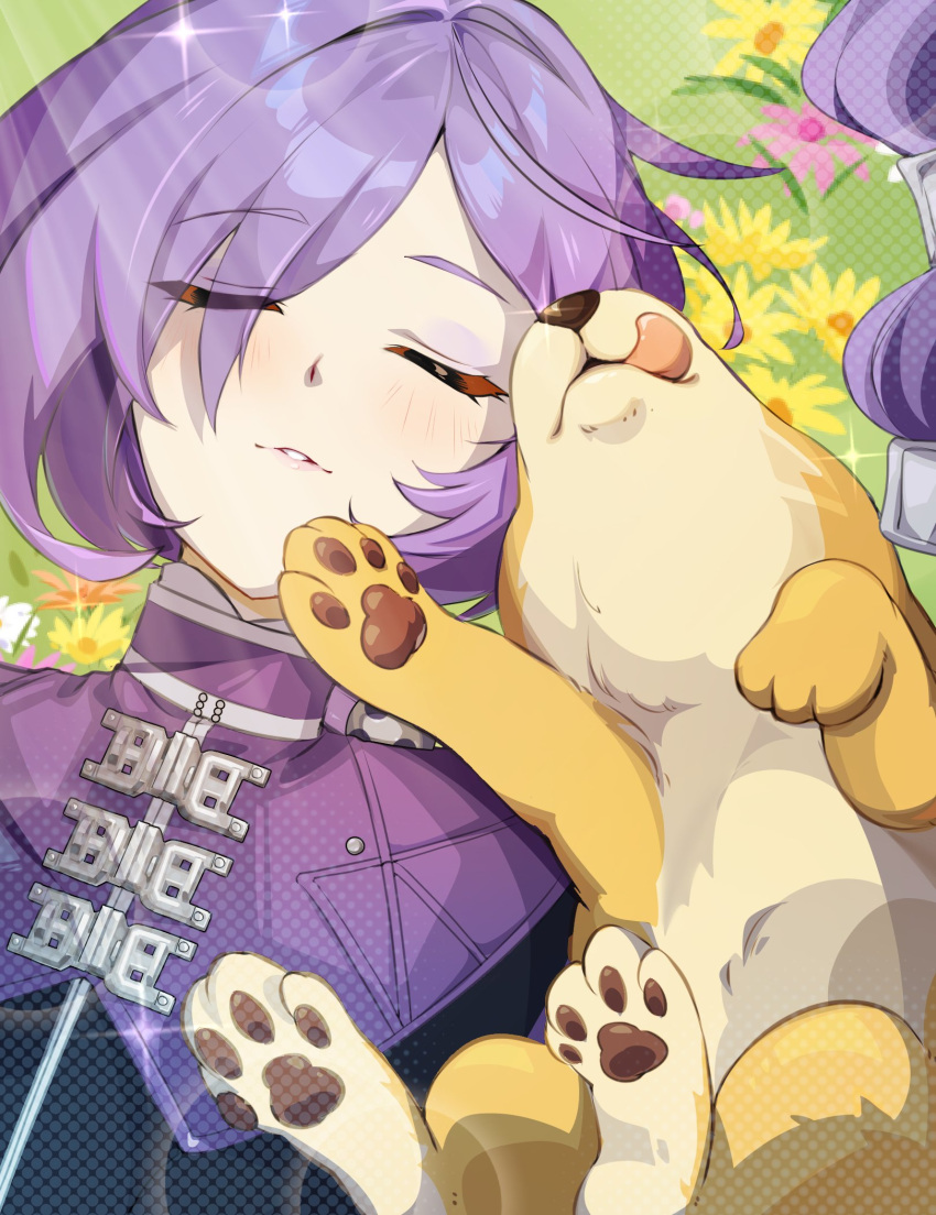 1girl, blush, cloak, closed_eyes, commentary, dog, field, flower