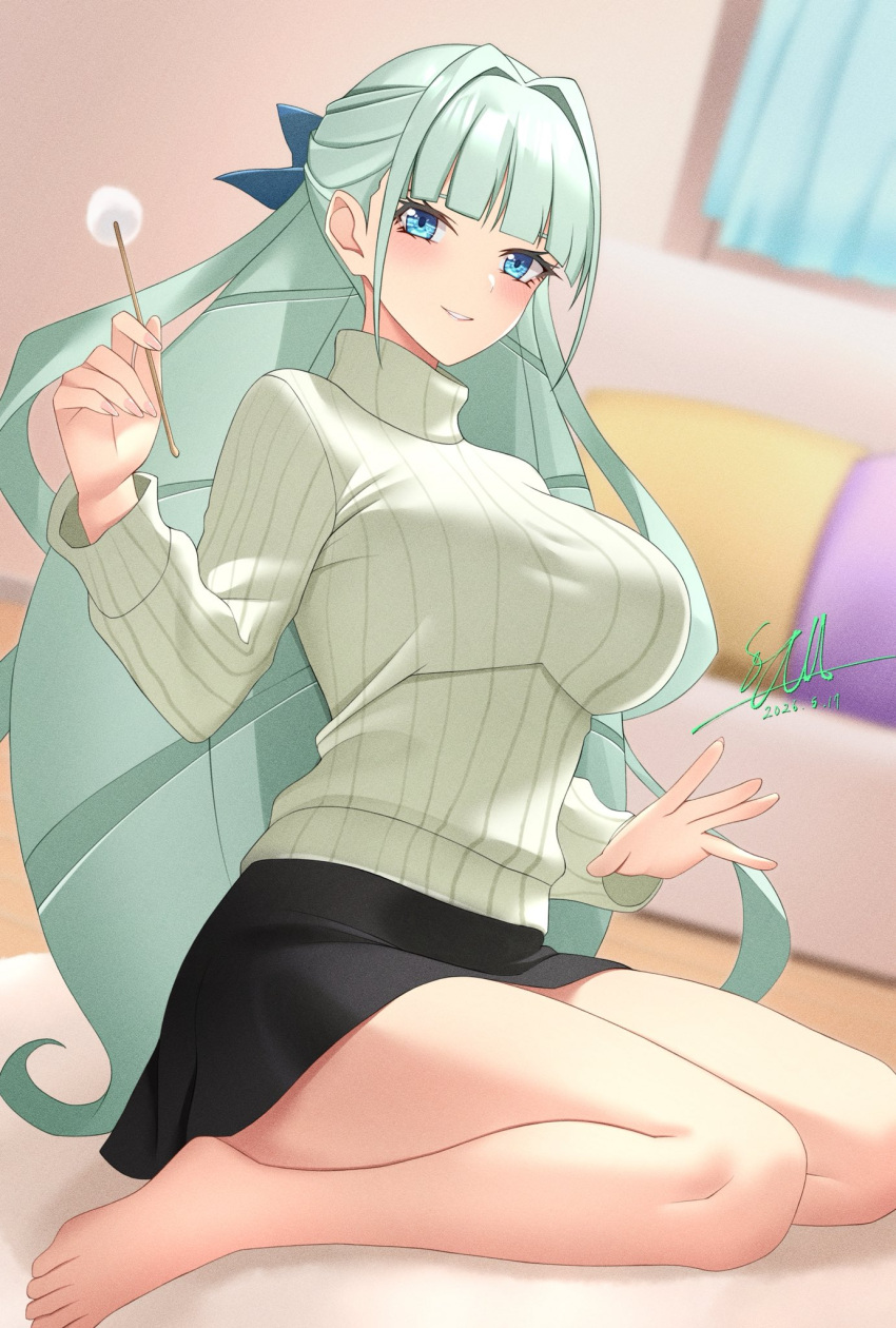 1girl, artist_name, beckoning, big_hair, black_skirt, blue_eyes, blunt_bangs, blurry