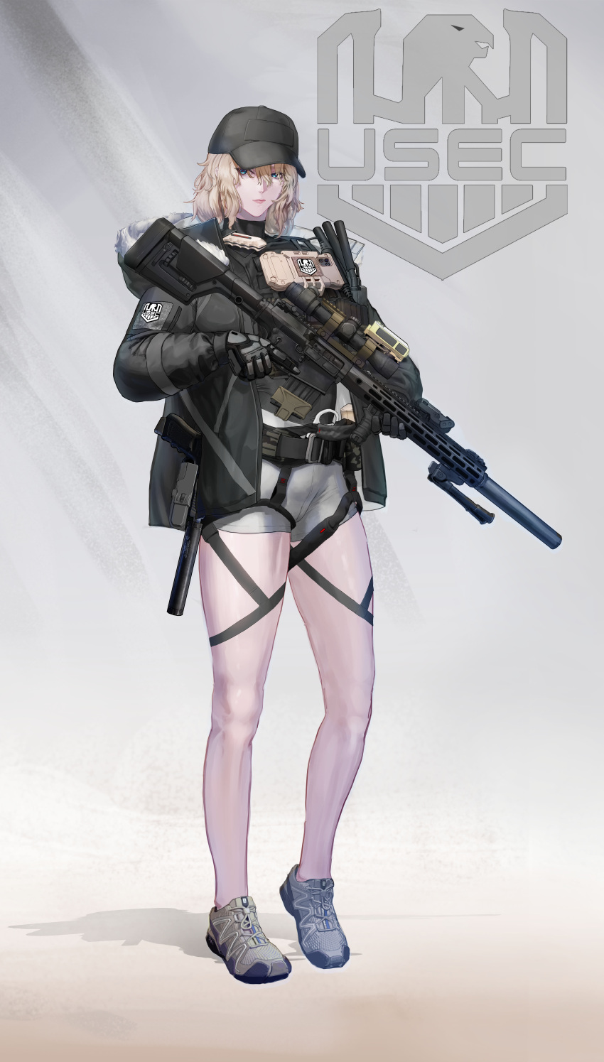 1girl, absurdres, assault_rifle, bare_legs, baseball_cap, black_gloves, black_jacket, blonde_hair