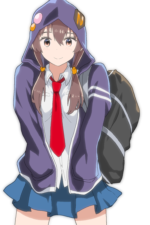 1girl, anime_coloring, bag, blue_skirt, blush, breasts, brown_eyes, brown_hair, closed_mouth, collared_shirt, cowboy_shot, eri_(mayoineko_o_tomeyou), game_asset, hair_between_eyes, hair_over_shoulder, hand_in_pocket, holding, holding_bag, hood, hood_up, hooded_jacket, jacket, long_hair, low_twintails, mayoineko_o_tomeyou, medium_breasts, miniskirt, necktie, nighthawk, non-web_source, official_art, open_clothes, open_jacket, pleated_skirt, purple_jacket, red_necktie, school_bag, school_uniform, self-datamine, shirt, skirt, smile, solo, standing, twintails, white_shirt