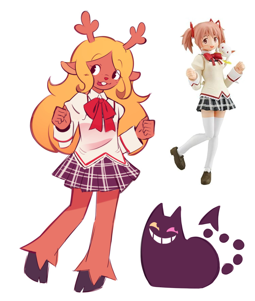 1girl, alternate_costume, alternate_universe, animal_ears, antlers, black_eyes, blonde_hair, bow