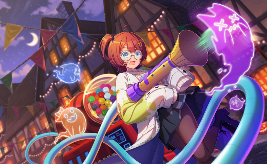 1girl, ahoge, black-framed_eyewear, black_pantyhose, black_skirt, blue_eyes, book, boots
