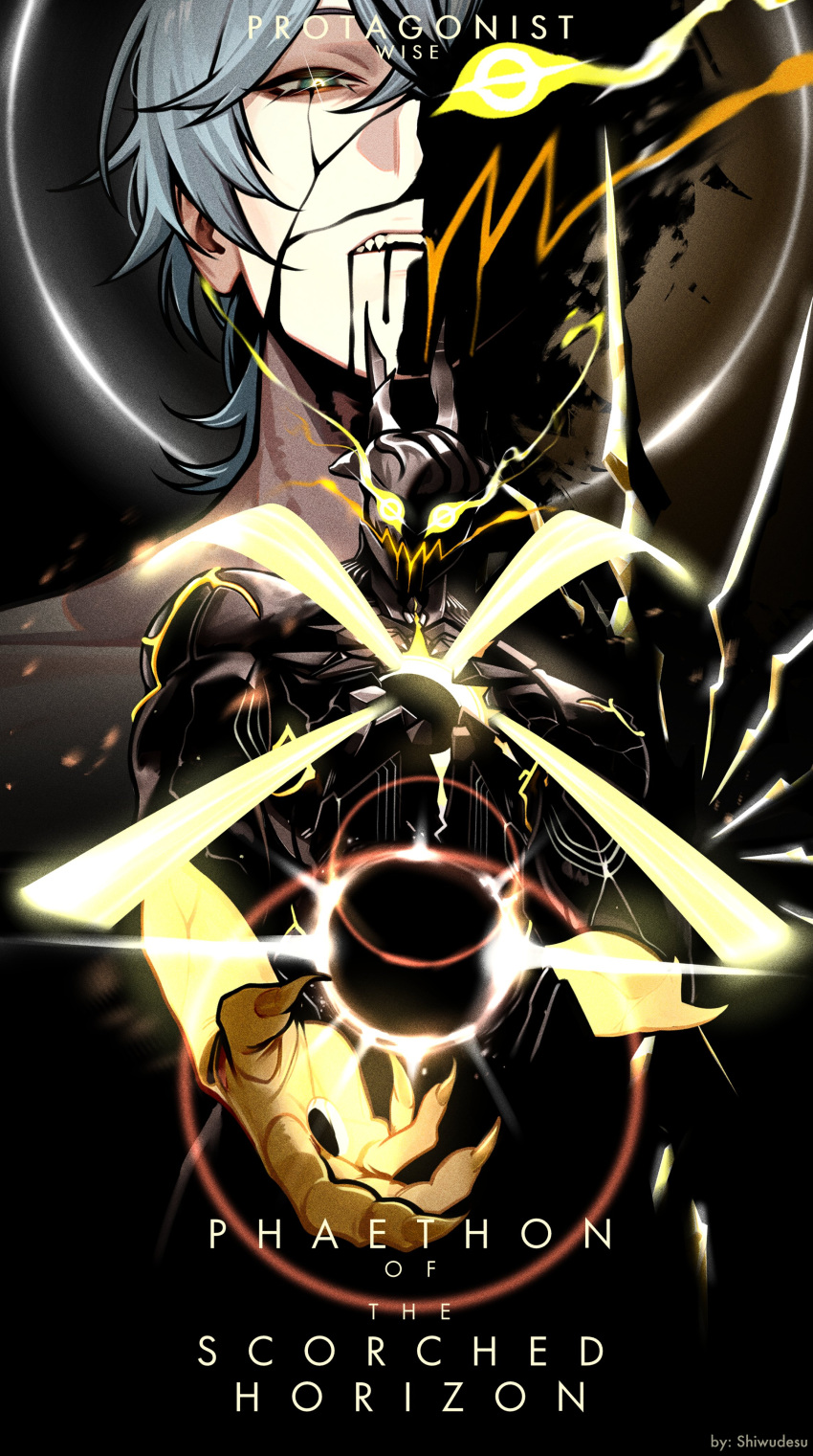 1boy, absurdres, black_background, colored_skin, colored_veins, english_commentary, english_text, ethereal_(zenless_zone_zero)