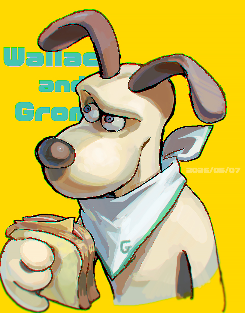 animal_focus, black_eyes, chromatic_aberration, commentary_request, copyright_name, dated, dog, food