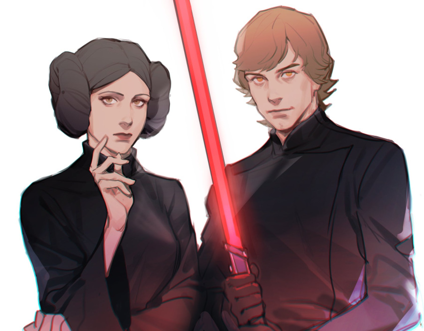 1boy, 1girl, black_hair, black_robe, blonde_hair, btraven, darksider_(star_wars), donut_hair_bun