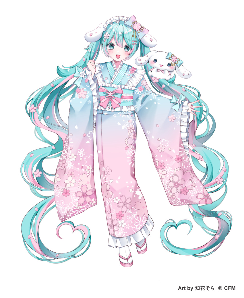 1girl, :d, aqua_eyes, aqua_hair, aqua_kimono, artist_name, blush, cherry_blossoms