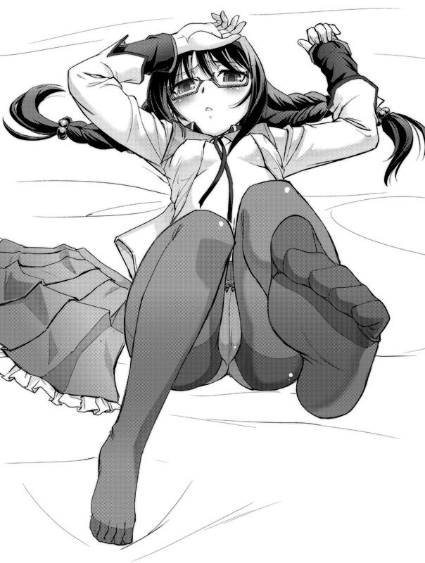 arms_up, blush, braid, feet, foreshortening, glasses, lying, magical_girl