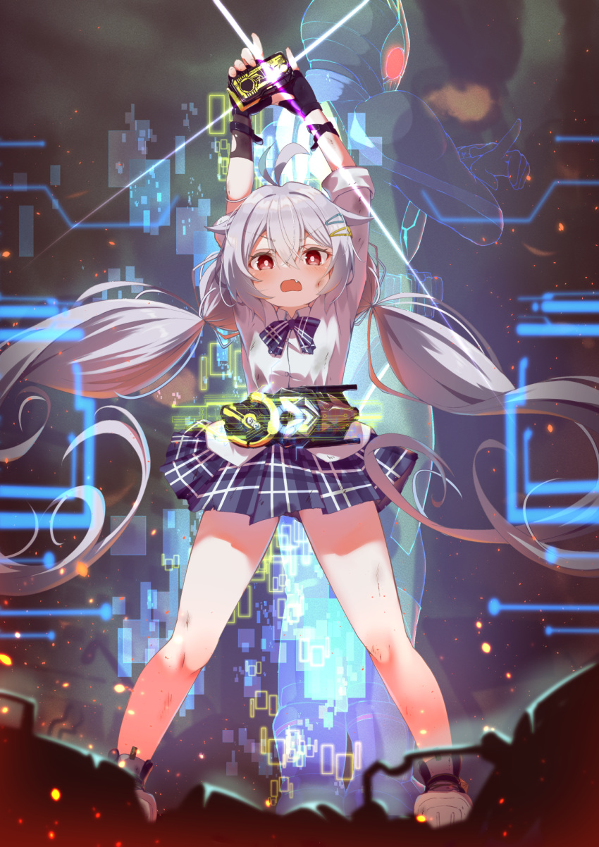 1girl, antenna_hair, black_gloves, black_shoes, blue_bow, blue_skirt, blurry, blurry_foreground, bow, character_request, collared_shirt, commentary_request, demimushi, depth_of_field, dress_shirt, fang, fingerless_gloves, floating_hair, gloves, grey_hair, hair_between_eyes, hair_ornament, hairclip, hiden_zero-one_driver, highres, holding, long_hair, low_twintails, open_mouth, plaid_clothes, plaid_skirt, pleated_skirt, red_eyes, shirt, shoes, skirt, solo_focus, twinkle_star_knights, twintails, v-shaped_eyebrows, very_long_hair, white_shirt