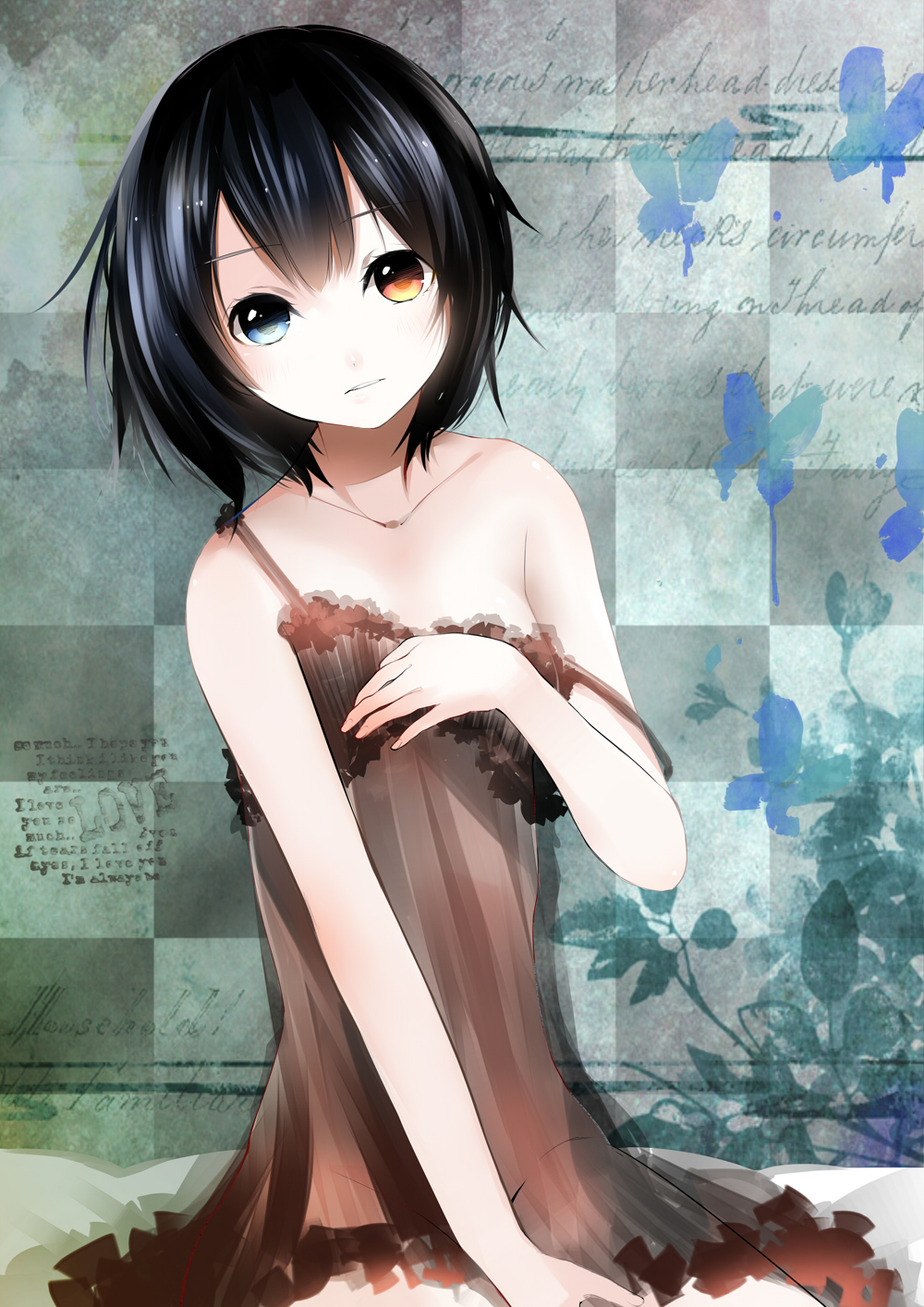 bare_shoulders, black_hair, blue_eyes, butterfly, checkered, checkered_background, chemise, collarbone, hand_on_own_chest, hand_to_chest, heterochromia, highres, orange_eyes, original, see-through, short_hair, solo, strap_slip, tate_(donnguriumai)