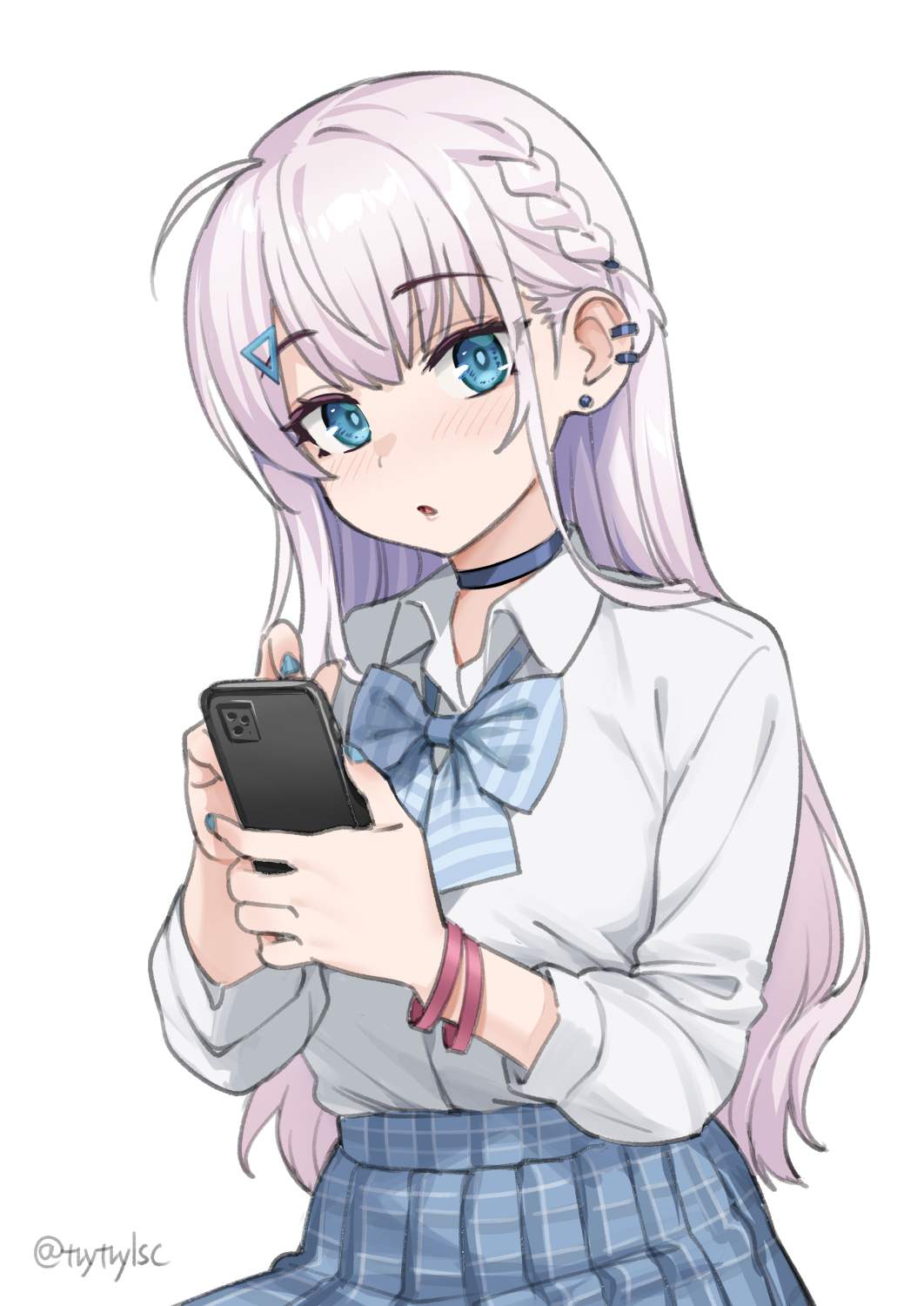 1girl, blue_eyes, blue_skirt, blush, bow, bowtie, breasts, cellphone, collared_shirt, commentary_request, grey_hair, highres, long_hair, long_sleeves, looking_at_viewer, medium_breasts, original, phone, shirt, skirt, solo, try_(lsc), white_shirt