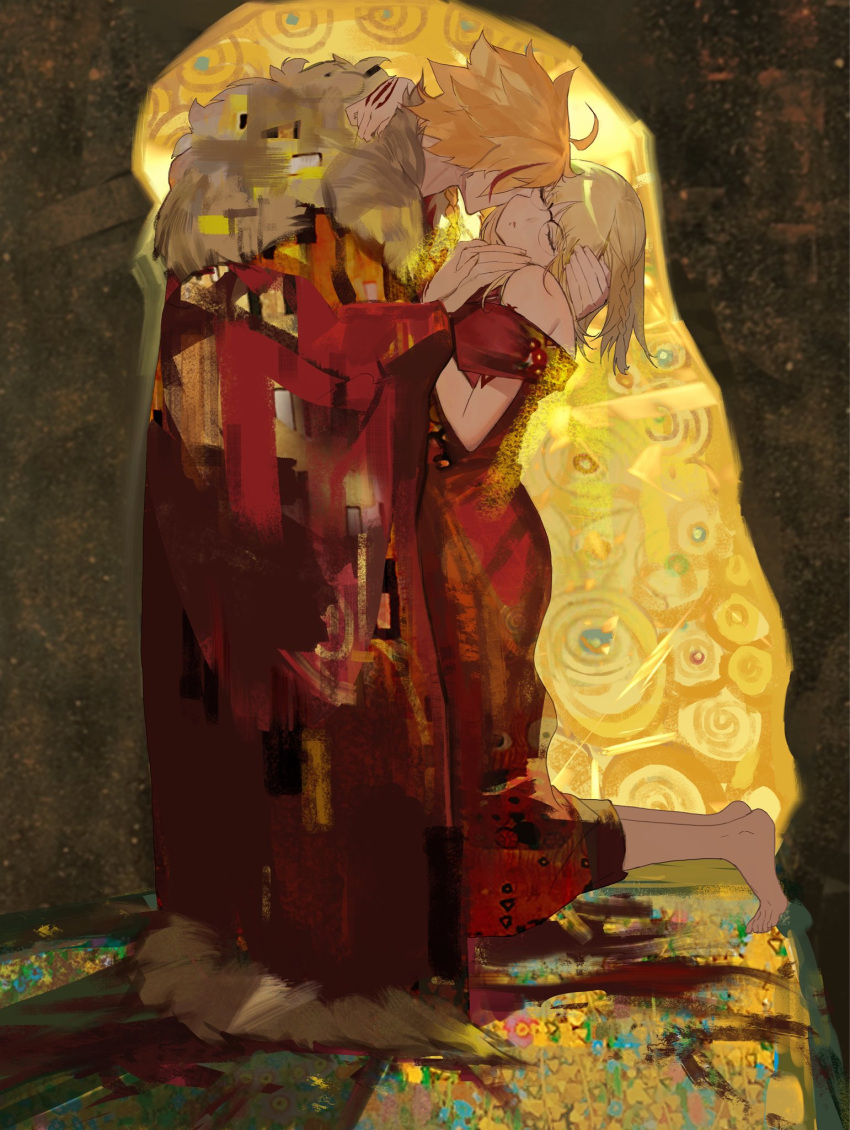 1boy, 1girl, ahoge, blonde_hair, blood, braid, braided_ponytail, cloak