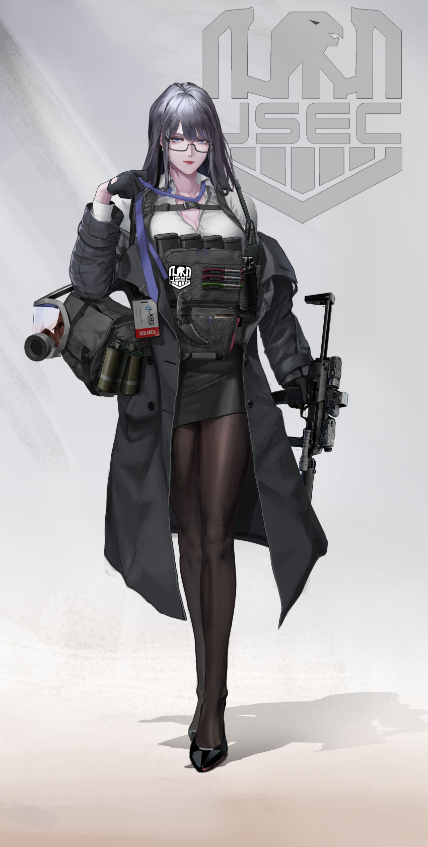 1girl, absurdres, bag, black_coat, black_hair, black_pantyhose, blue_eyes, breasts