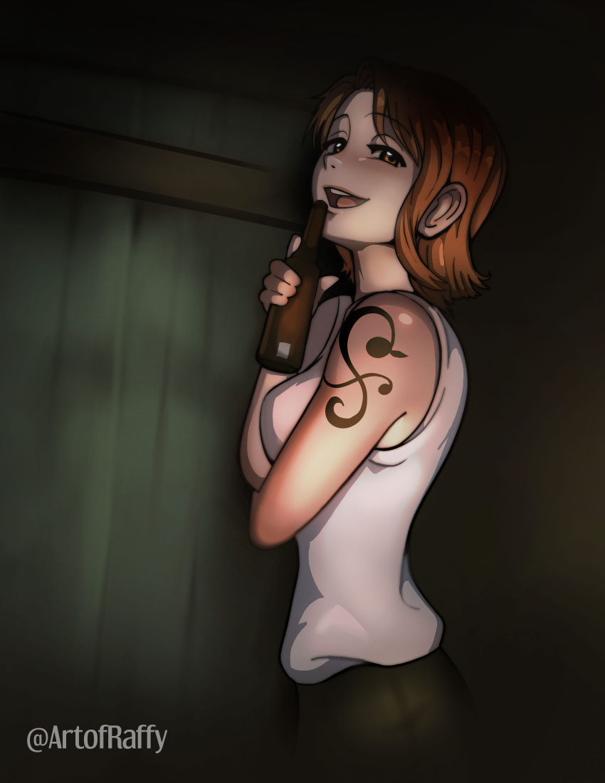 1girl, absurdres, bottle, breasts, commentary, english_commentary, from_side, highres