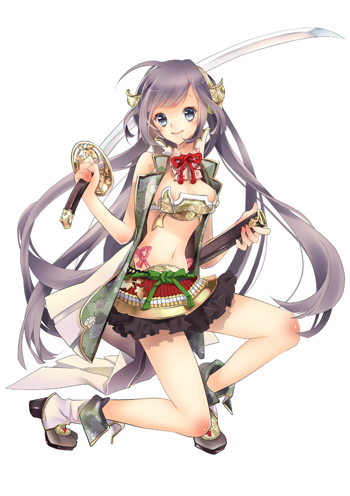 bikini_top, blue_eyes, boots, jacket, katana, long_hair, matoki_misa, navel