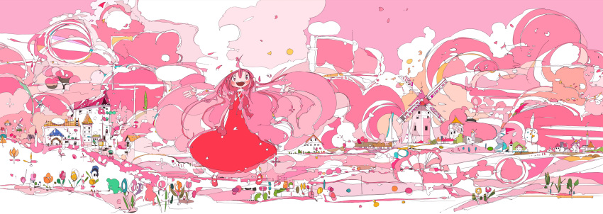 ahoge, building, cherry_blossoms, dress, flower, highres, kinuten, long_hair