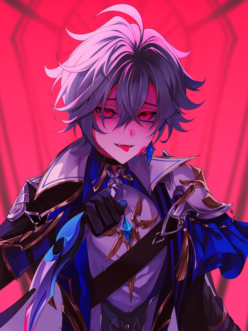 1boy, ahoge, armor, belt, belt_collar, black_belt, black_gloves, blood
