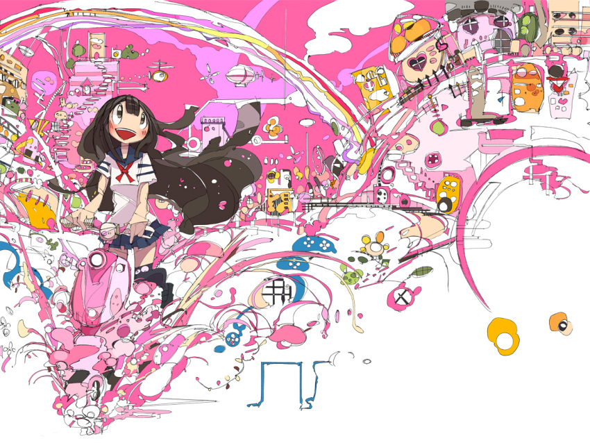 airship, black_hair, colorful, cover, dirigible, kinuten, long_hair, motor_vehicle, original, rainbow, scenery, school_uniform, scooter, serafuku, solo, splash, splashing, vehicle