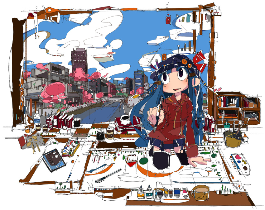 blue_hair, book, coffee, drawing, hat, highres, kinuten, kneeling