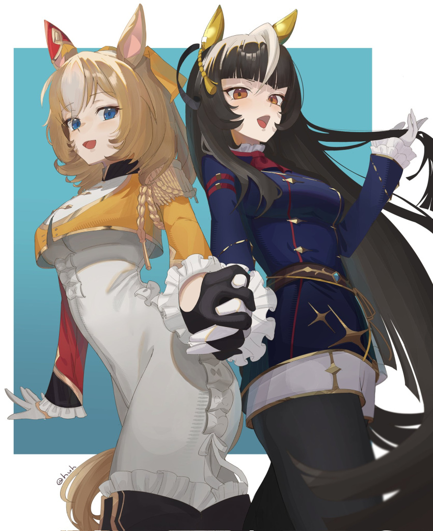 2girls, ahoge, animal_ears, ascot, asymmetrical_gloves, asymmetrical_jacket, black_gloves, black_hair