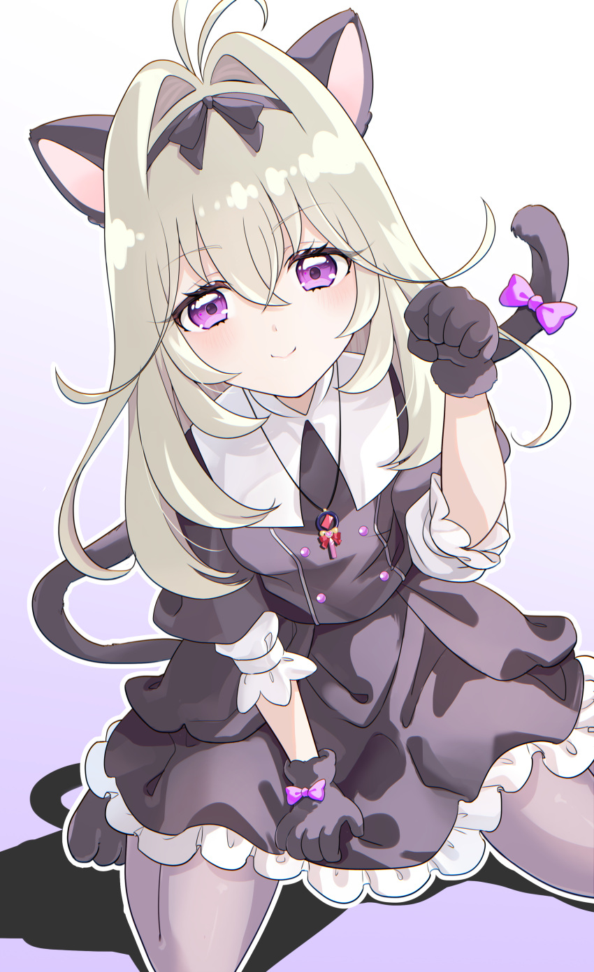 1girl, absurdres, animal_ears, animal_hands, black_shirt, black_skirt, blonde_hair, cat_ears