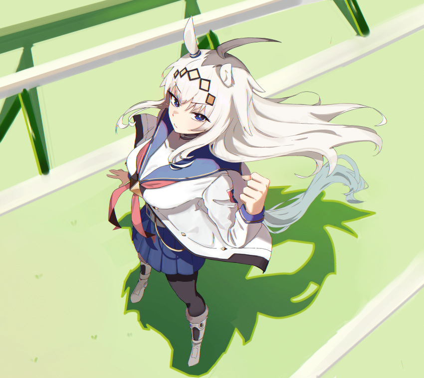 1girl, animal_ears, black_pantyhose, blue_eyes, blue_sailor_collar, blue_skirt, closed_mouth, commentary_request, diamond_hairband, foreshortening, from_above, grey_hair, grey_streaks, highres, horse_ears, horse_girl, horse_tail, long_hair, looking_at_viewer, miniskirt, multicolored_hair, neckerchief, oguri_cap_(starlight_beat)_(umamusume), oguri_cap_(umamusume), oooaeceg, pantyhose, pleated_skirt, red_neckerchief, sailor_collar, shirt, skirt, solo, standing, streaked_hair, tail, umamusume, v-shaped_eyebrows, white_shirt