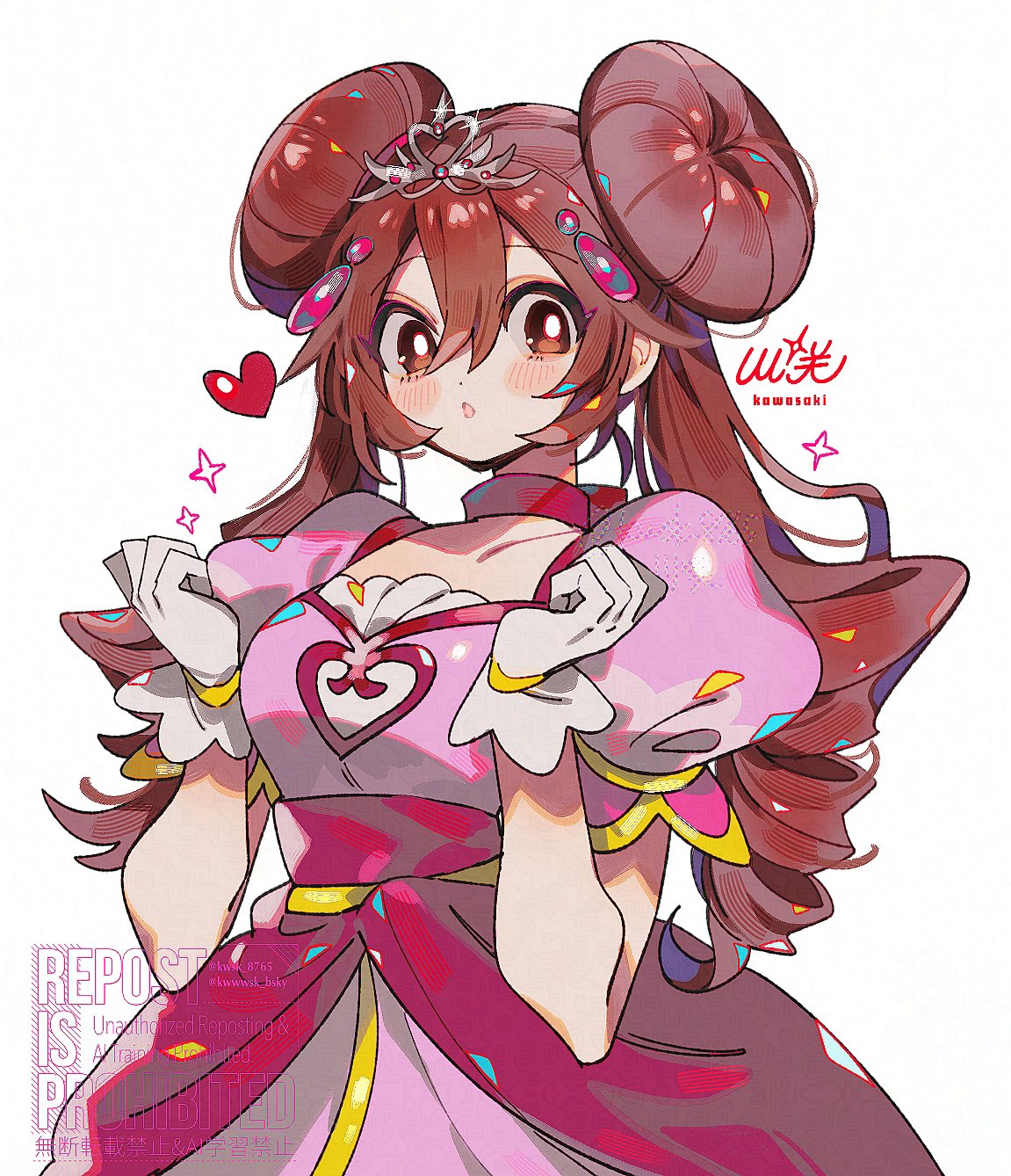 1girl, blue_eyes, blush, breasts, brown_hair, commentary_request, donut_hair_bun, double_bun