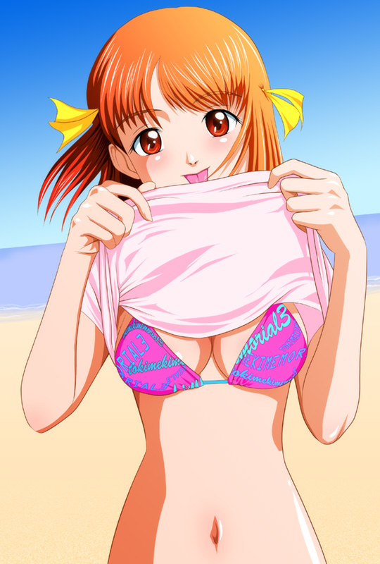 beach, bikini, breasts, cleavage, hair_ribbon, makihara_yukiko, midriff, orange_eyes, orange_hair, red_eyes, ribbon, shirt_lift, shopyun, solo, swimsuit, swimsuit_under_clothes, tokimeki_memorial, tokimeki_memorial_3, tongue