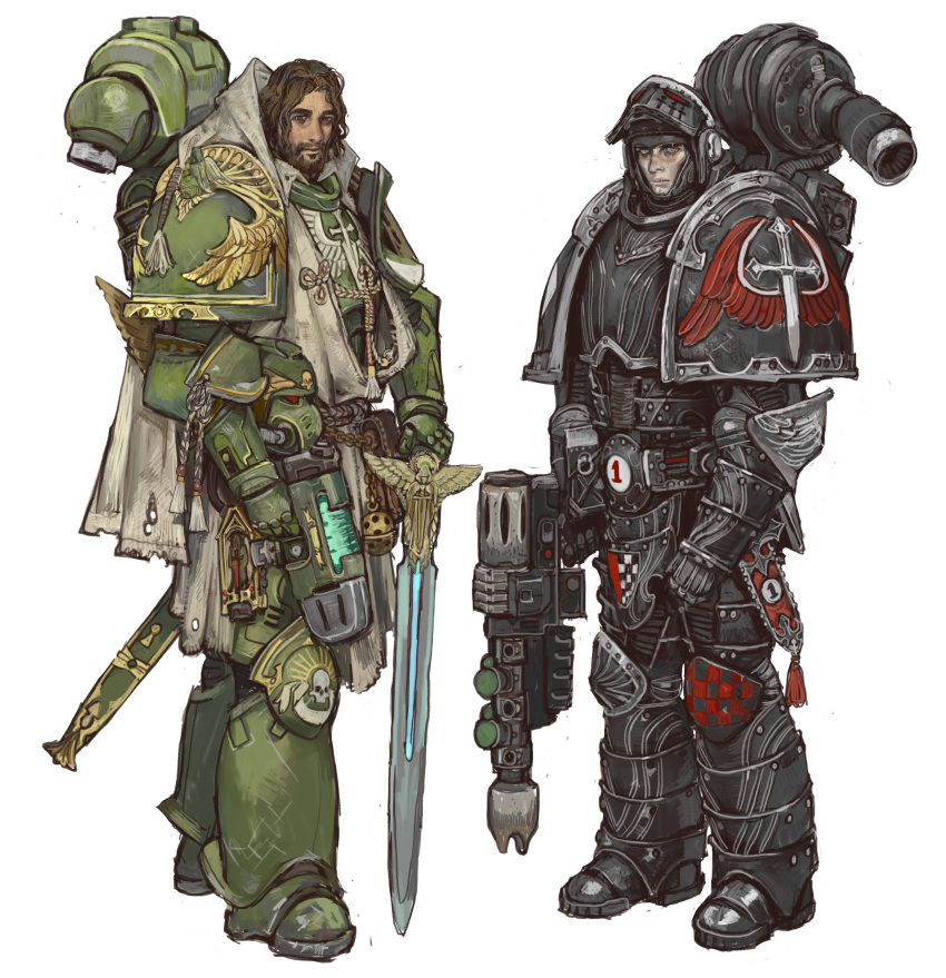 2boys, absurdres, adeptus_astartes, armor, armored_boots, black_armor, boots, breastplate, dark_angels, gauntlets, green_eyes, helmet, highres, holding, holding_sword, holding_weapon, knife, mossacannibalis, multiple_boys, ornate_armor, plasma_gun, power_armor, short_hair, shoulder_armor, sword, warhammer_40k, weapon, white_background
